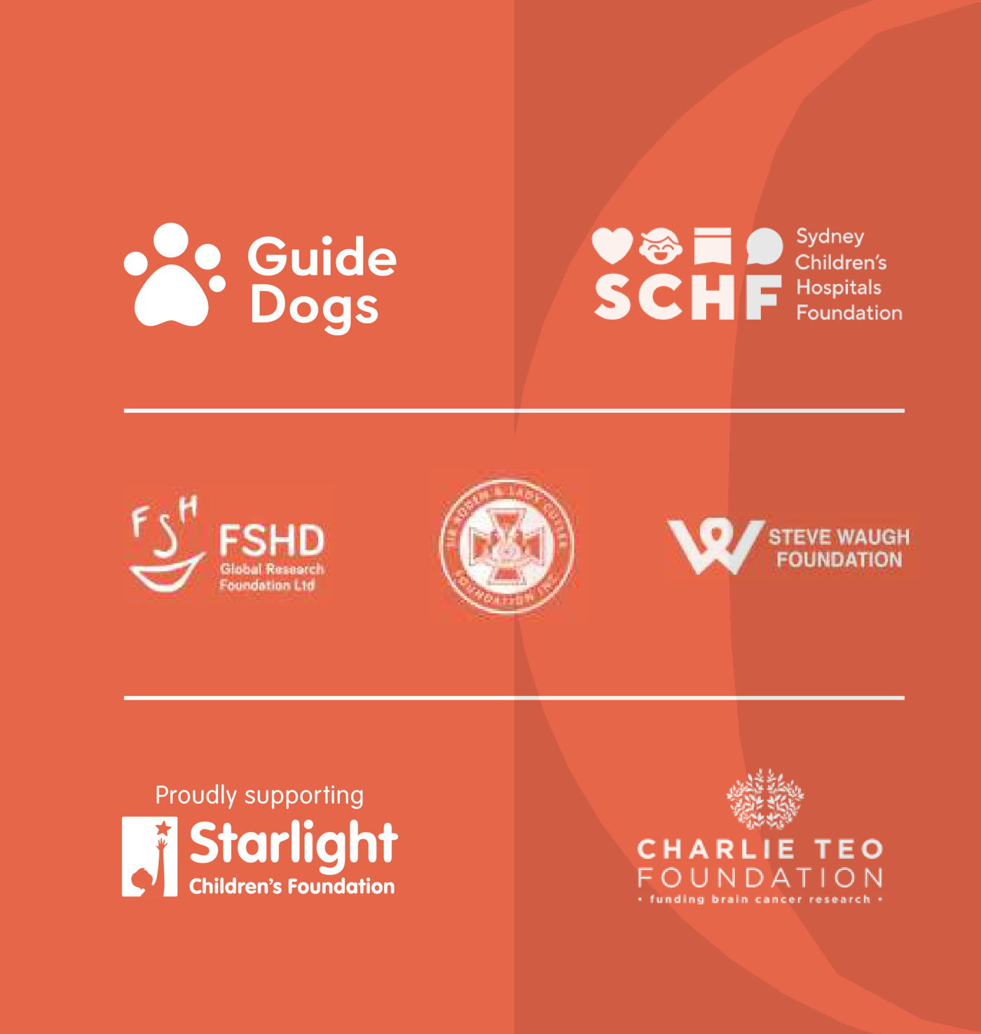 Boston Global Wealth proudly supports Guide Dogs Australia, Sydney Children's Hospitals Foundation, FSHD Global Research Foundation, Sir Roden & Lady Cutler Foundation, Steve Waugh Foundation, Starlight Children's Foundation, and Charlie Teo Foundation